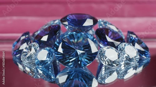 A collection of sparkling blue and clear faceted gemstones arranged on a reflective surface with a soft pink background.