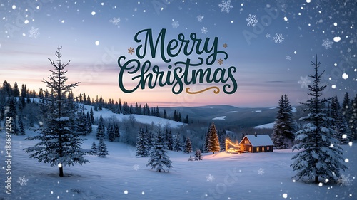 Merry Christmas festive greeting with snowy winter landscape Illustration
