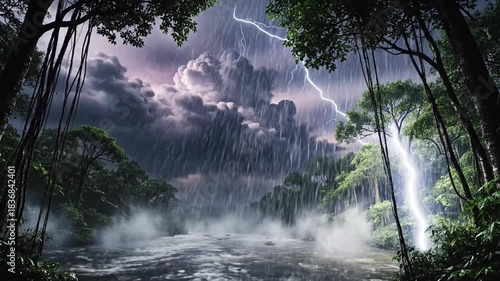 A dramatic thunderstorm with heavy rain and lightning strikes over a misty jungle river, framed by dense tropical trees.