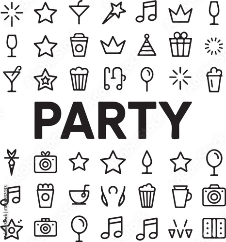 Hand-drawn party vector set, celebration icons, drinks, music, and festive elements, black and white illustrations