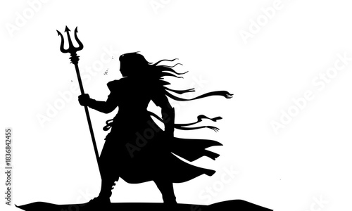 Powerful silhouette of Hindu God Shiva, Mahadev, or Trident-wielding Deity standing against a bright background, representing destruction, power, and divine energy.