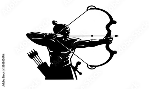 Powerful black and white silhouette of an ancient archer or warrior aiming a traditional bow and arrow, symbolizing strength, focus, precision, and historical combat.