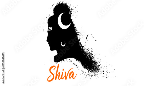 Lord Shiva Silhouette Profile with Crescent Moon, Grunge Ink Splatter Style Vector Graphic, Hindu God of Destruction and Meditation Art
