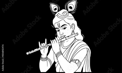Young Lord Krishna Playing the Divine Flute (Bansuri), Black and White Outline Drawing of Hindu God, Indian Spirituality and Devotional Music Art