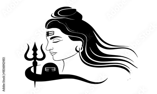 Lord Shiva Face and Lingam with Trishul, Detailed Black and White Line Art Illustration of Hindu God, Spiritual Yoga and Meditation Symbolism