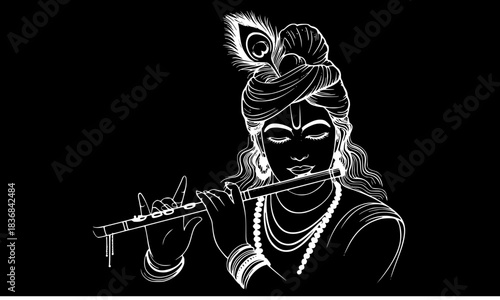 Lord Krishna Playing Flute (Bansuri), Black and White Minimalist Line Art Vector Illustration of Hindu God, Spiritual Decoration and Indian Mythology