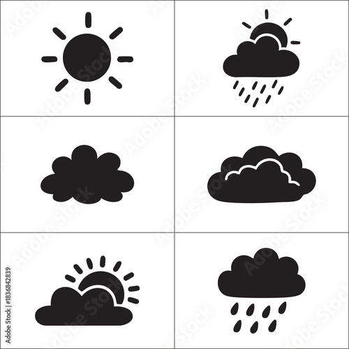 Weather icons set with sun, clouds, and rain symbols, isolated on white background
