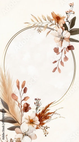 wedding invitation template with wildflowers, pampas grass, and delicate watercolor greenery, arranged around