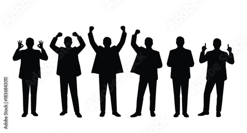 A row of six men in business attire standing in silhouette against a white background