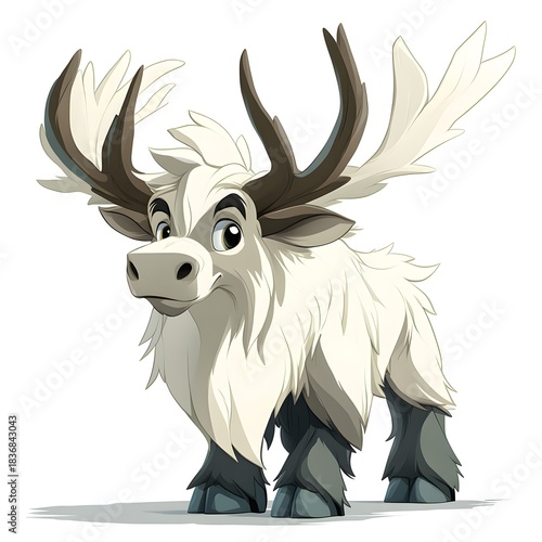 Adorable cartoon reindeer creature stands looking forward with thick white fur and large antlers