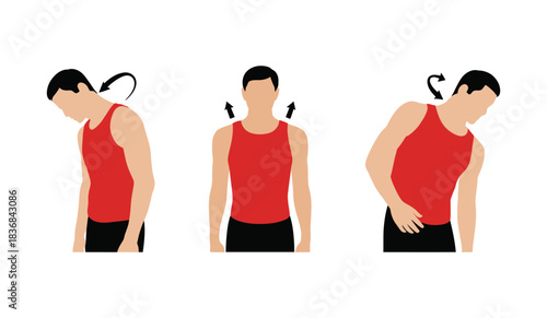 An infographic illustration demonstrating neck stretches for a man in a red tank top silhouette