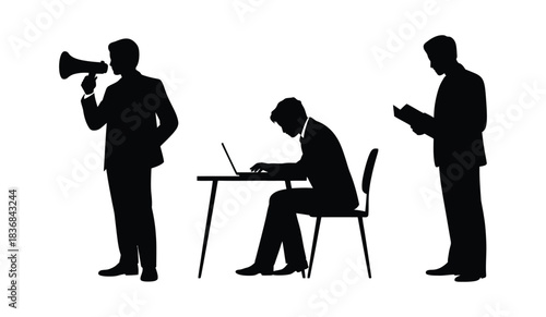 Three businessmen in silhouette working in an office setting with varying levels of engagement silhouette