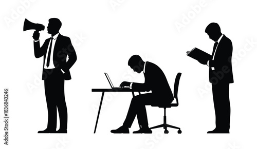 Three businessmen in silhouette working and communicating in an office setting silhouette