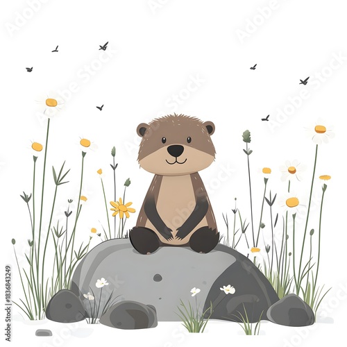 Cartoon brown animal figure rests upon a large stone amidst tall wildflowers and small flying creatures