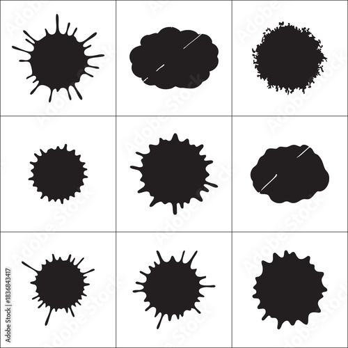 Abstract black ink blots and splashes isolated on white background