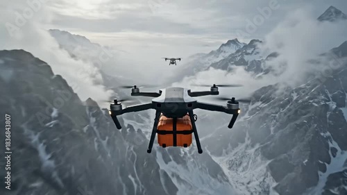 Drones flying through a snowy mountain range, one carrying an orange package for delivery or rescue in a rugged environment.