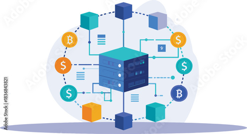 Blockchain Technology Network and Digital Currency Connections.