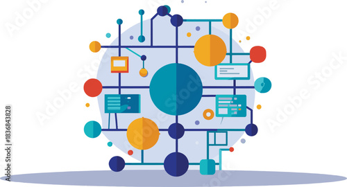 Abstract Network Diagram Illustrating Interconnected Digital Systems and Data Flow.