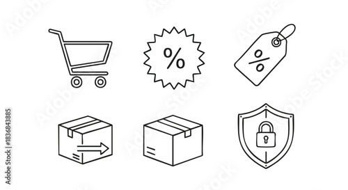 A flat lay of six e-commerce icons including a shopping cart, discount tags, boxes, and a shield with a lock on a clean white background with a simple line art style.