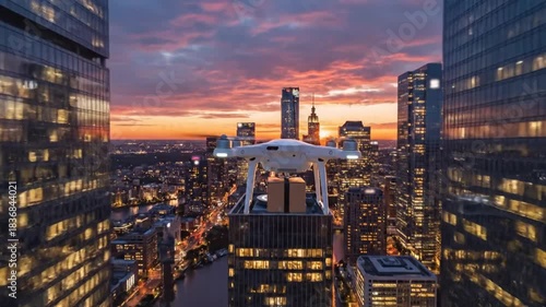 A white delivery drone flying above a bustling city skyline at sunset, surrounded by tall skyscrapers.