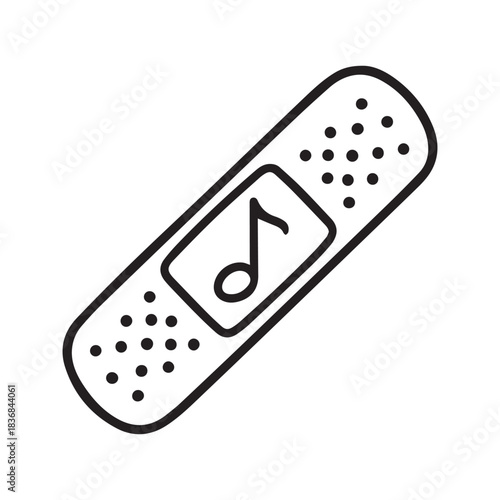 Simple hand-drawn band-aid with a musical note symbol. Conceptual doodle illustration representing the healing power of music, music therapy, or emotional first aid.
