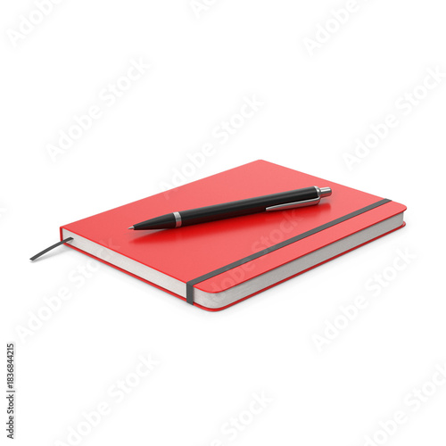 Closed red hardcover notebook with pen, band, and ribbon marker