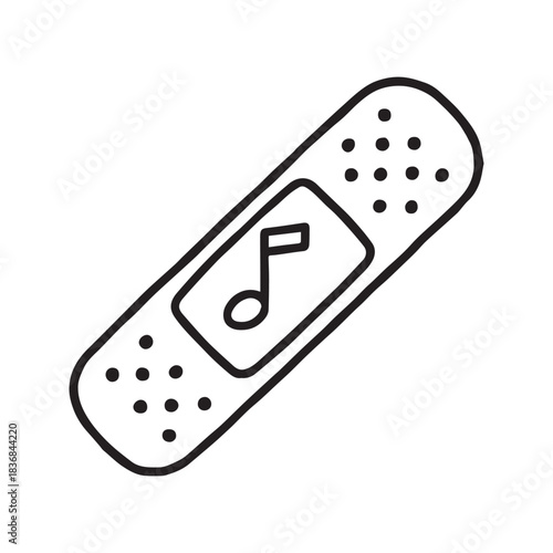 Simple hand-drawn band-aid with a musical note symbol. Conceptual doodle illustration representing the healing power of music, music therapy, or emotional first aid.
