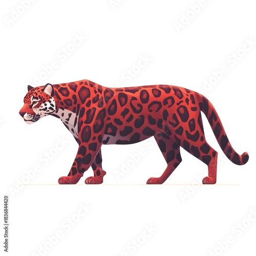 Stylized representation of a large spotted feline walking in profile against a plain background