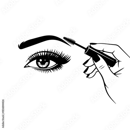 A striking black and white silhouette close-up of an eye with long, defined eyelashes and a perfectly shaped eyebrow, featuring a hand gently applying mascara with a brush.