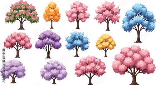 Colorful decorative seasonal trees collection featuring vibrant foliage, botanical landscape elements, nature illustration set, garden greenery design for vector projects