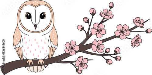 Cute barn owl sitting calmly on blooming cherry blossom branch in elegant spring nature themed vector illustration with soft pastel colors