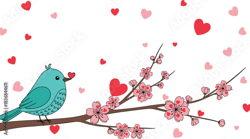 Cute blue bird holding a heart on blooming cherry blossom branch surrounded by floating romantic hearts in lovely spring vector illustration