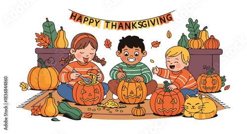 Three children sitting on a rug carving jack-o-lanterns with a Happy Thanksgiving banner above them in a cozy autumnal setting with pumpkins and leaves.