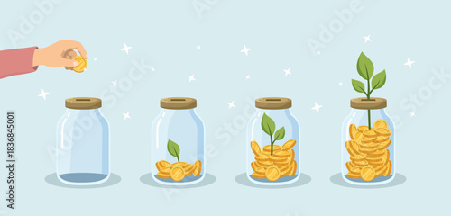 Coin jar money growing with green plants and leaves. Finance, investment and cash savings concept vector flat illustration.