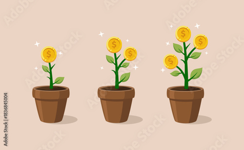 Money trees coins growing in a pot. Finance, investment, earning, savings concept vector flat illustration.