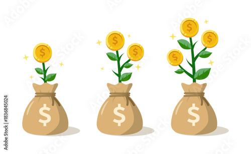 Gold coins growing on a green plant with money bag as the pot base. Finance, growth, investment concept and passive income. Money growing vector flat illustration.