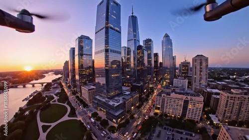 Drones flying over a modern city skyline at sunset with tall skyscrapers and a river.