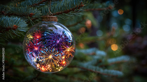 Wallpaper Mural Beautiful Christmas tree ornament captures colorful fireworks inside, creating magical and festive atmosphere. vibrant colors and sparkling lights evoke joy and celebration during holiday season Torontodigital.ca