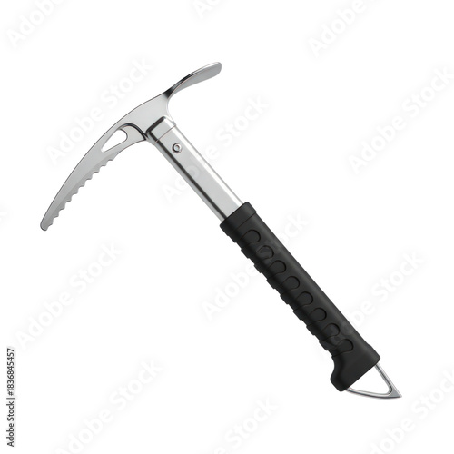 Professional mountaineering ice axe with serrated pick and ergonomic rubber grip on transparent background