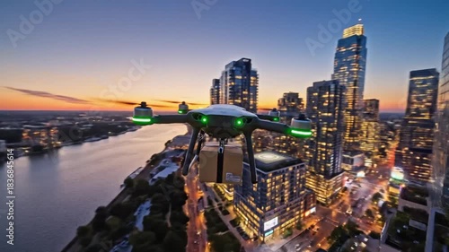 A drone carrying a package flies over a modern city skyline with a river at sunset.