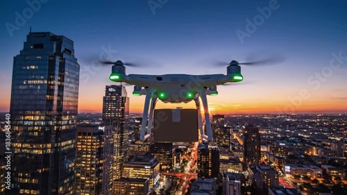 A drone carrying a package flies over a modern city skyline at sunset, showcasing urban delivery technology.