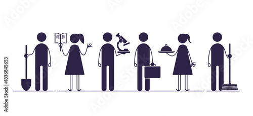 Stick figure workforce illustration showing diverse professions and occupational roles in society
