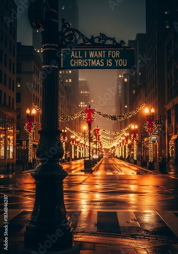 Rainy Christmas Night in the City with Festive Lights and a Romantic Street Sign.