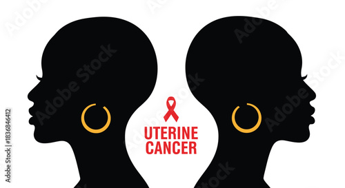 Two women in profile, facing away, with a red awareness ribbon and text about uterine cancer.