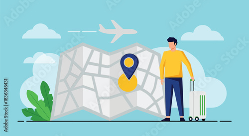 Man with suitcase plans travel journey using map and airplane overhead