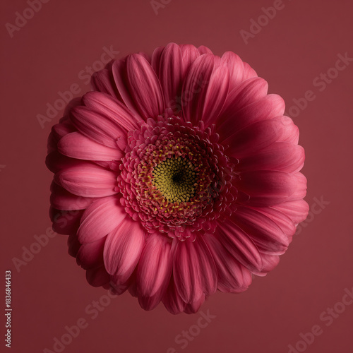 Pink gerbera daisy closeup on burgundy background, elegant floral nature photography