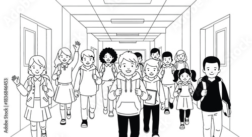 Excited children with backpacks happily walking down a school hallway, ready for learning and fun.