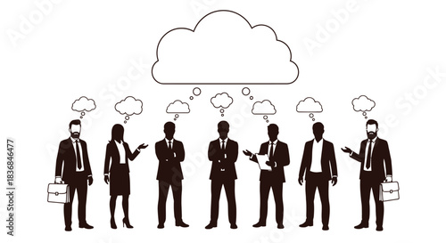 Diverse group of professionals collaborating and sharing ideas under a large cloud.
