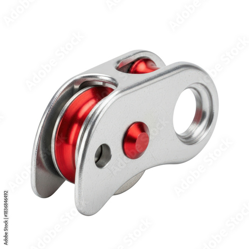 Single rescue pulley device with bright red anodized aluminum sheave on transparent background