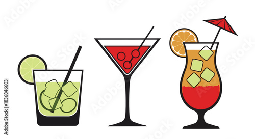 Refreshing tropical cocktails with garnishes and ice on a white background